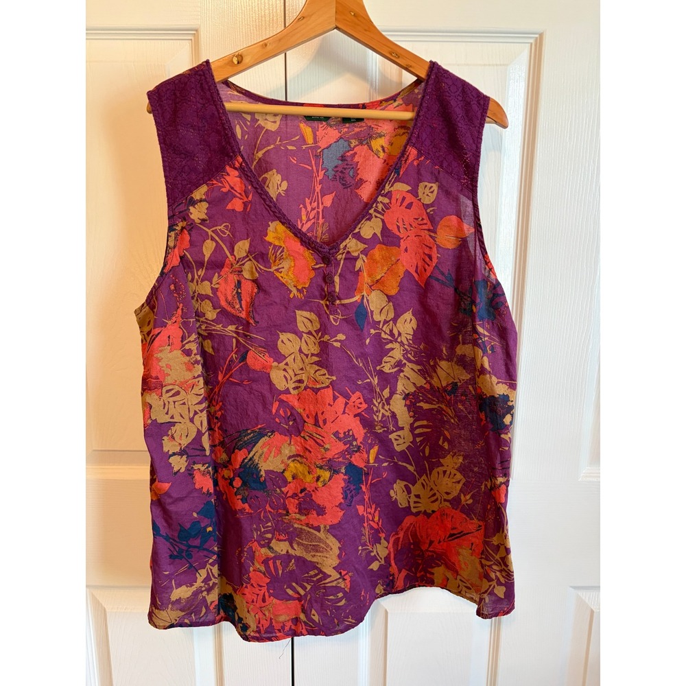 Eddie Bauer Purple Floral Lace Shoulder Henley Tank Top XXL Cotton Sleeveless